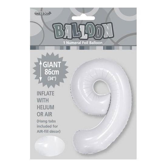 White Number 9 Foil Balloon - 86cm - The Base Warehouse
