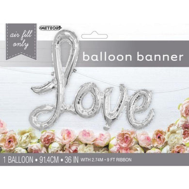 Silver Love Foil Balloon Banner with Ribbon - The Base Warehouse
