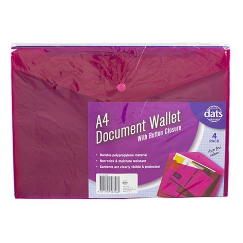 4 Pack Mixed Colour Document Wallet with Button - The Base Warehouse