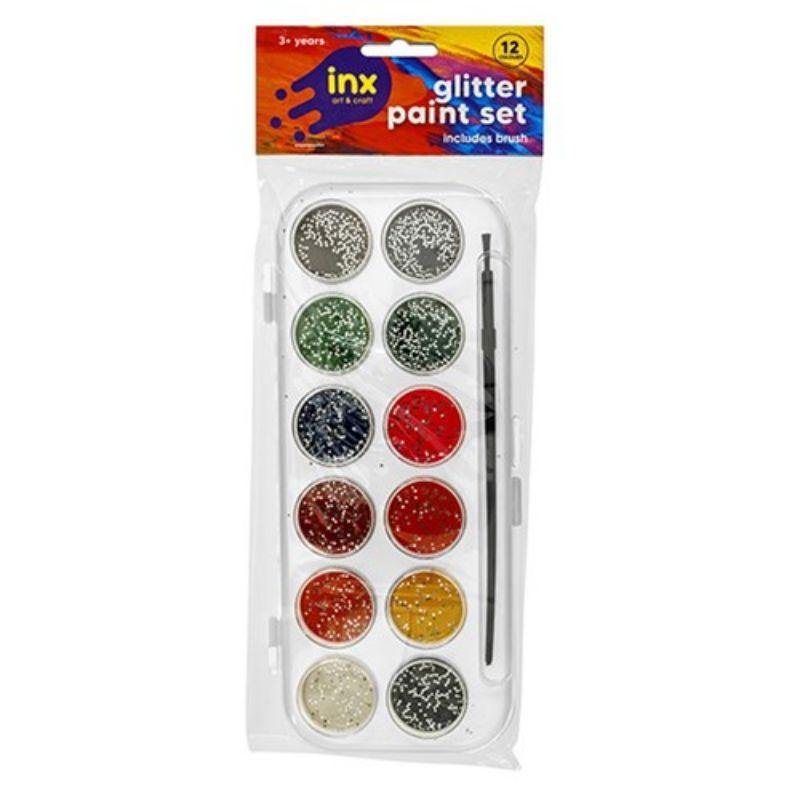 12 Glitter Colour Paints & Brush Set - The Base Warehouse