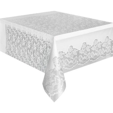 White Laced Plastic Rectangle Tablecover - 137cm x 274cm - The Base Warehouse
