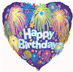 Happy Birthday Fireworks Heart Foil Balloon - 45cm - The Base Warehouse
