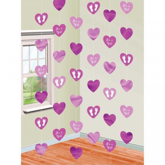 6 Pack Baby Shower Pink Hearts Hanging String Decorations - 2.1m - The Base Warehouse