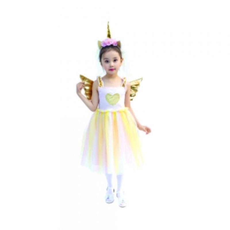 Girls Pastel Rainbow Unicorn Costume - Dress, Wings & Headband