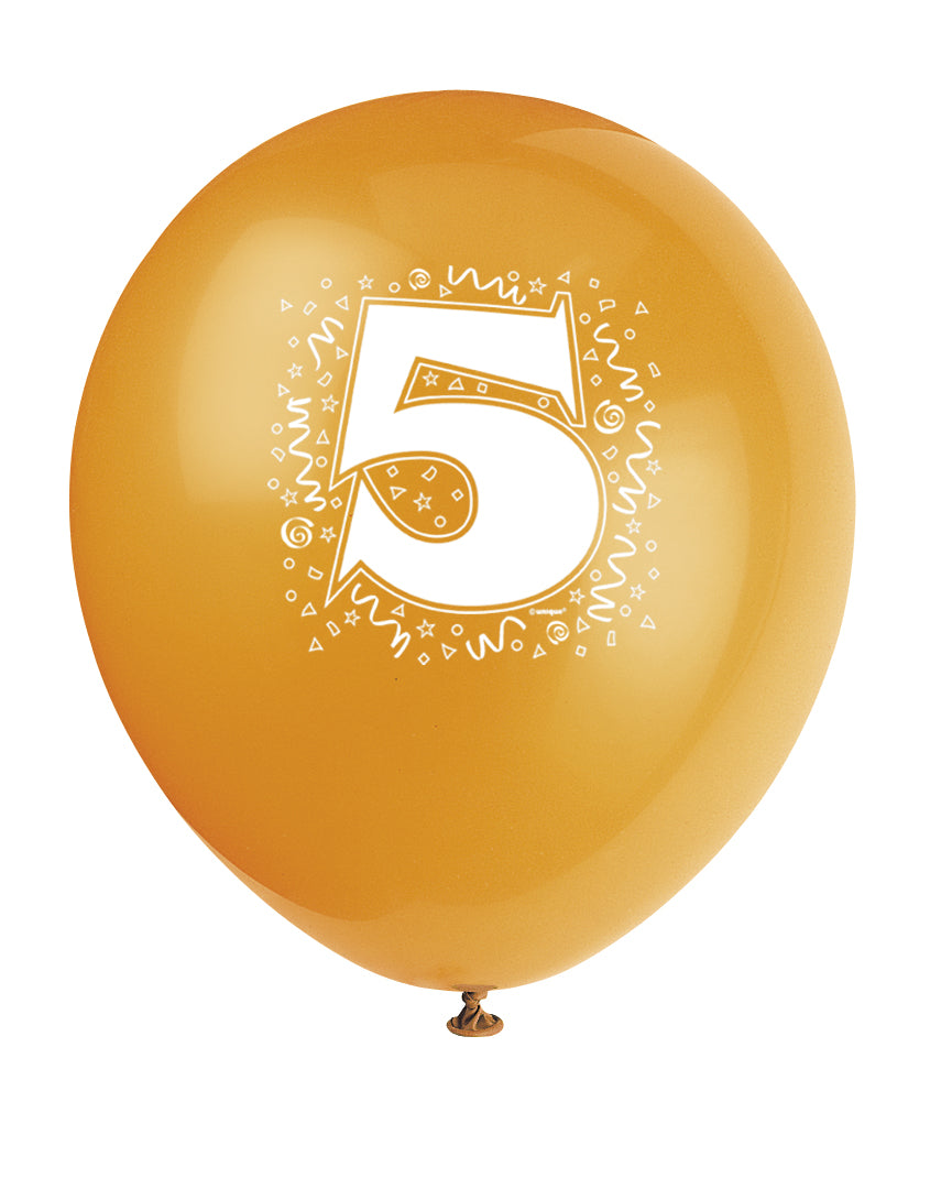 6 Pack Assorted Colours Numeral 5 Latex Balloons - 30cm