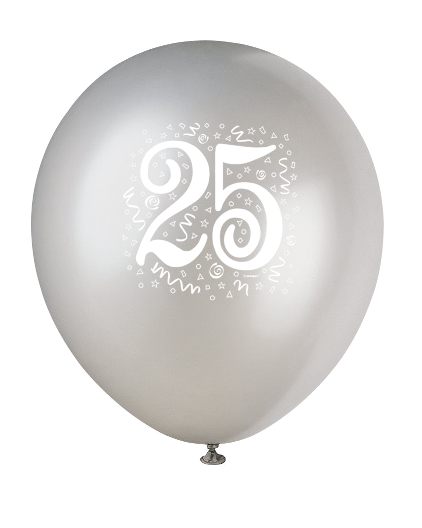 6 Pack Pearl Silver Numeral 25 Latex Balloons - 30cm
