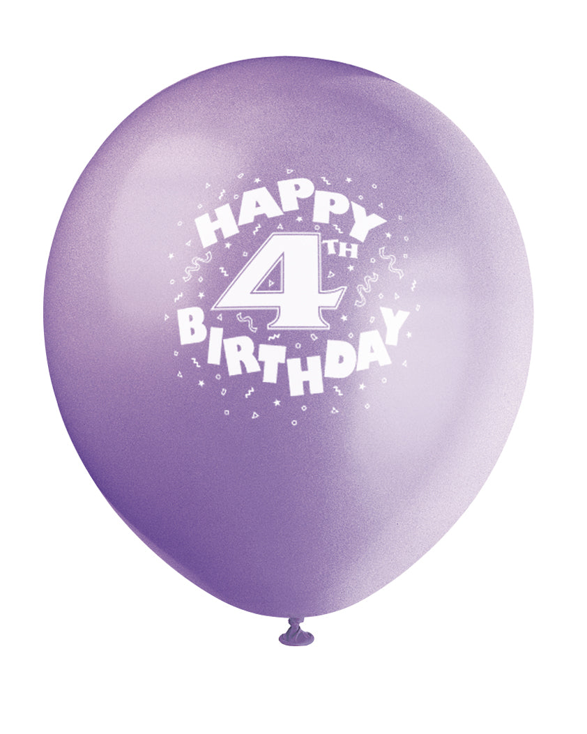 6 Pack Assorted Colours Happy 4th Birthday Latex Balloons - 30cm