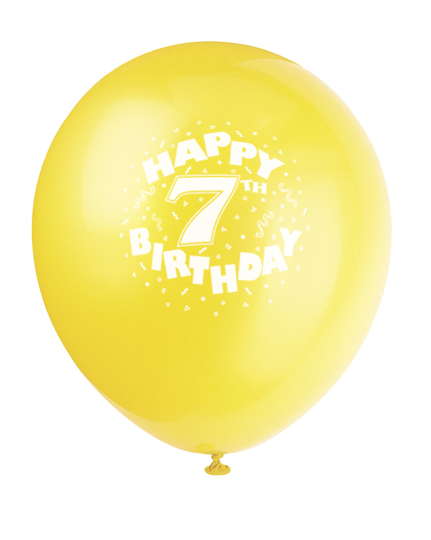 6 Pack Assorted Colours Happy 7th Birthday Latex Balloons - 30cm