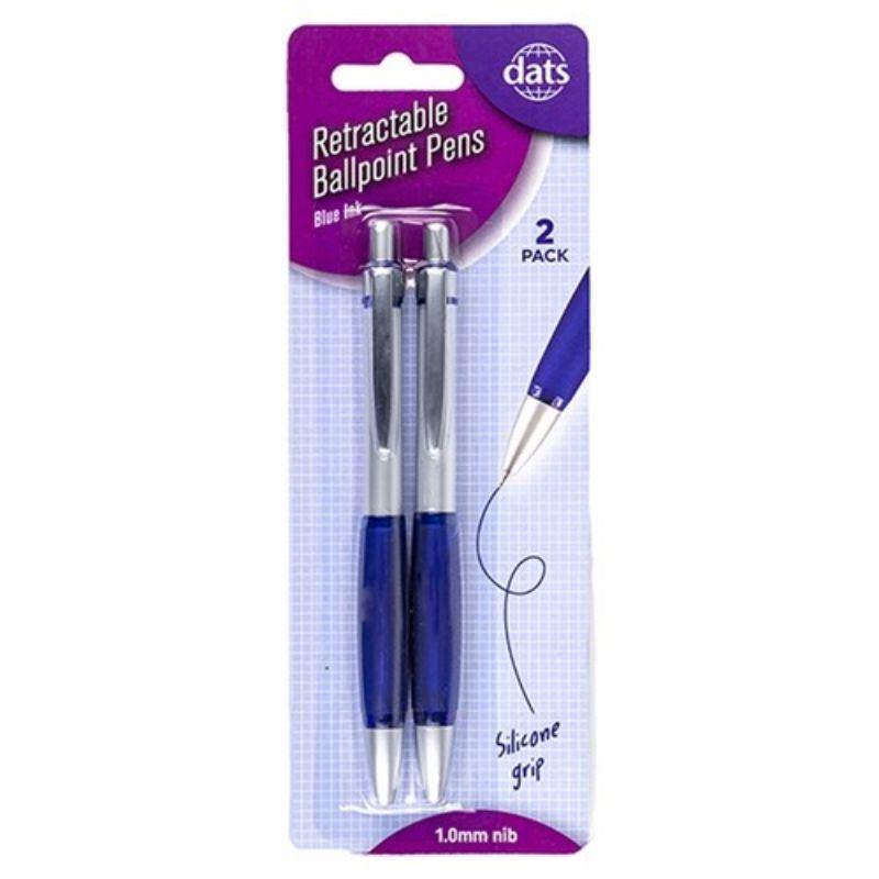 2 Pack Blue Ink Retractable Ballpoint Pen with Sillicone Grip - The Base Warehouse