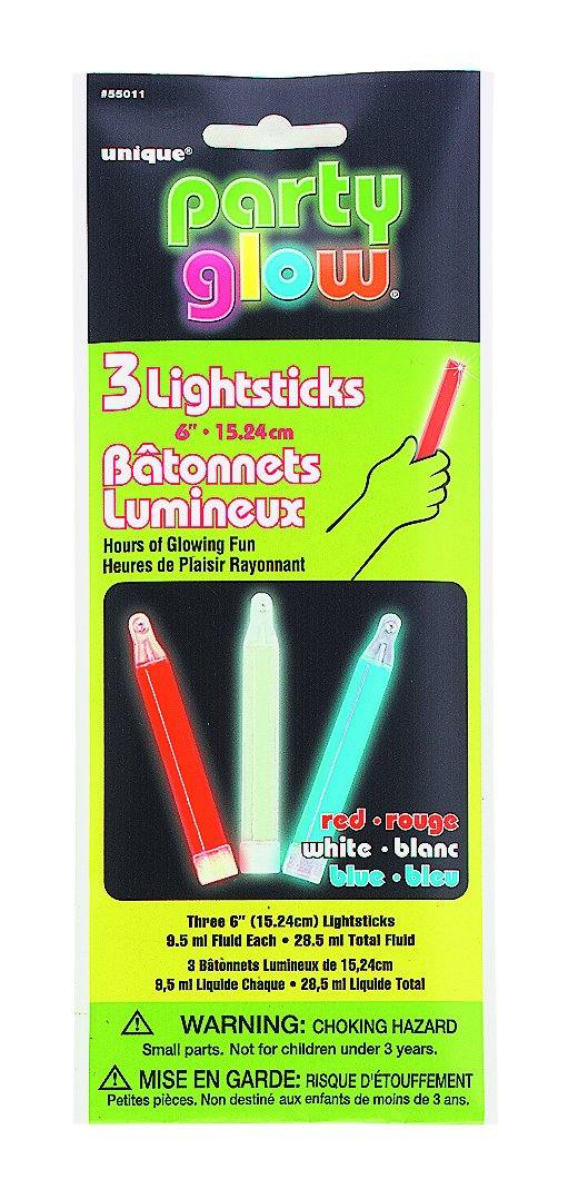3 Pack Red-White-Blue Glow In The Dark Lightsticks - 15cm