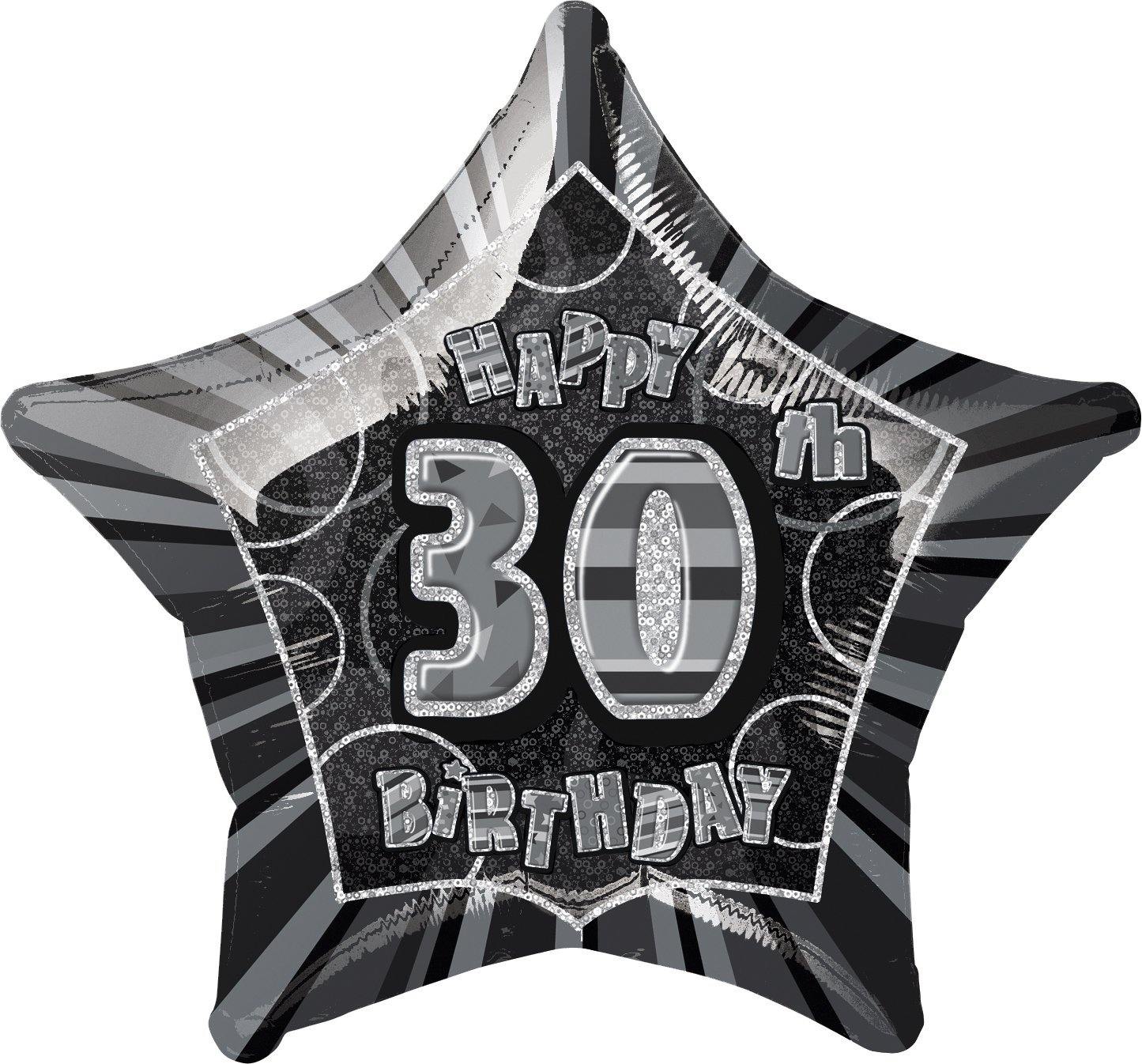 Glitz Black & Silver Happy 30th Birthday Star Foil Balloon - 50cm - The Base Warehouse