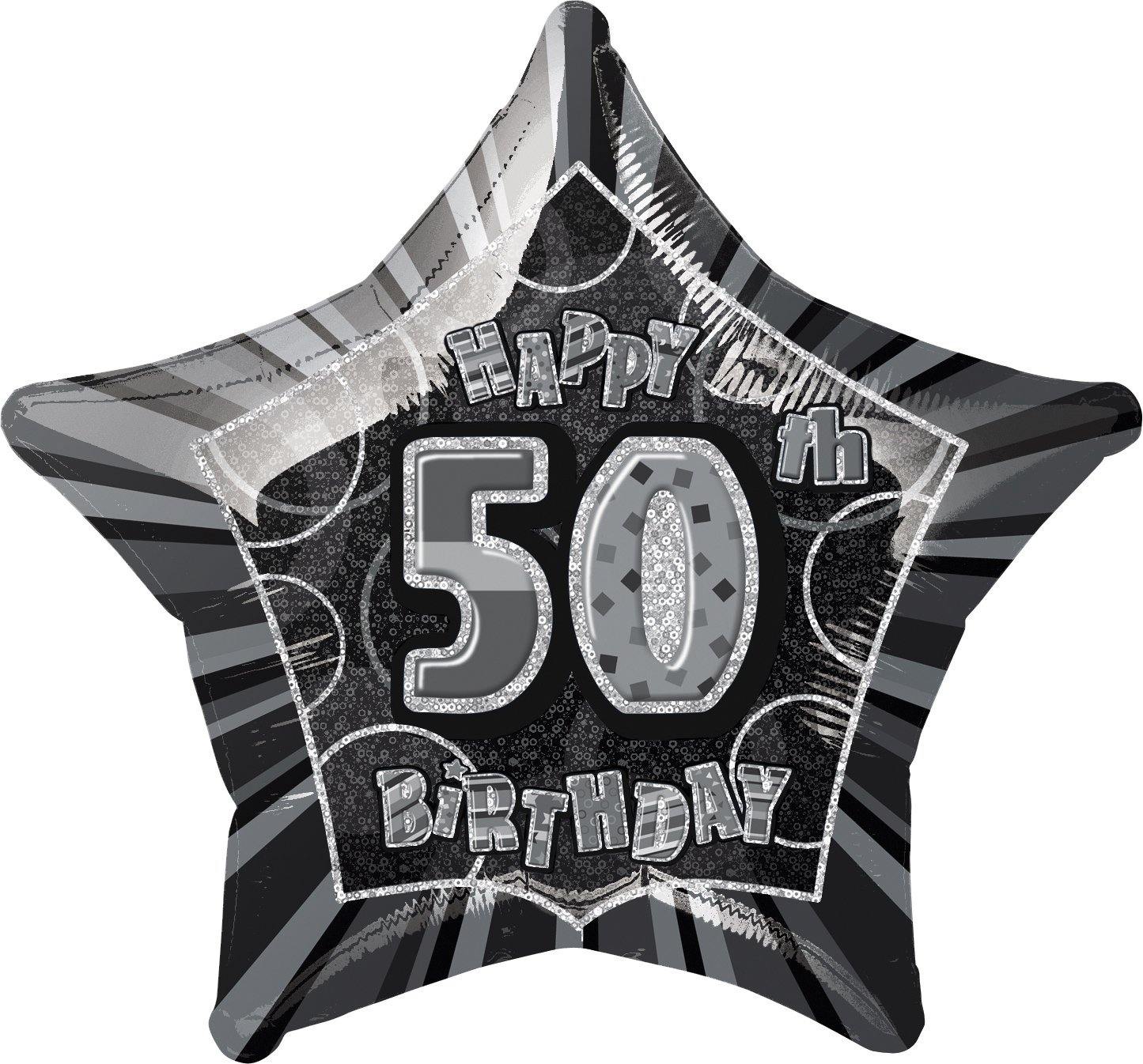 Glitz Black & Silver Happy 50th Birthday Star Foil Balloon - 50cm - The Base Warehouse