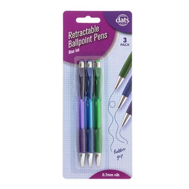 3 Pack Blue Ink Retractable Ballpoint Pens with Rubber Grip - The Base Warehouse