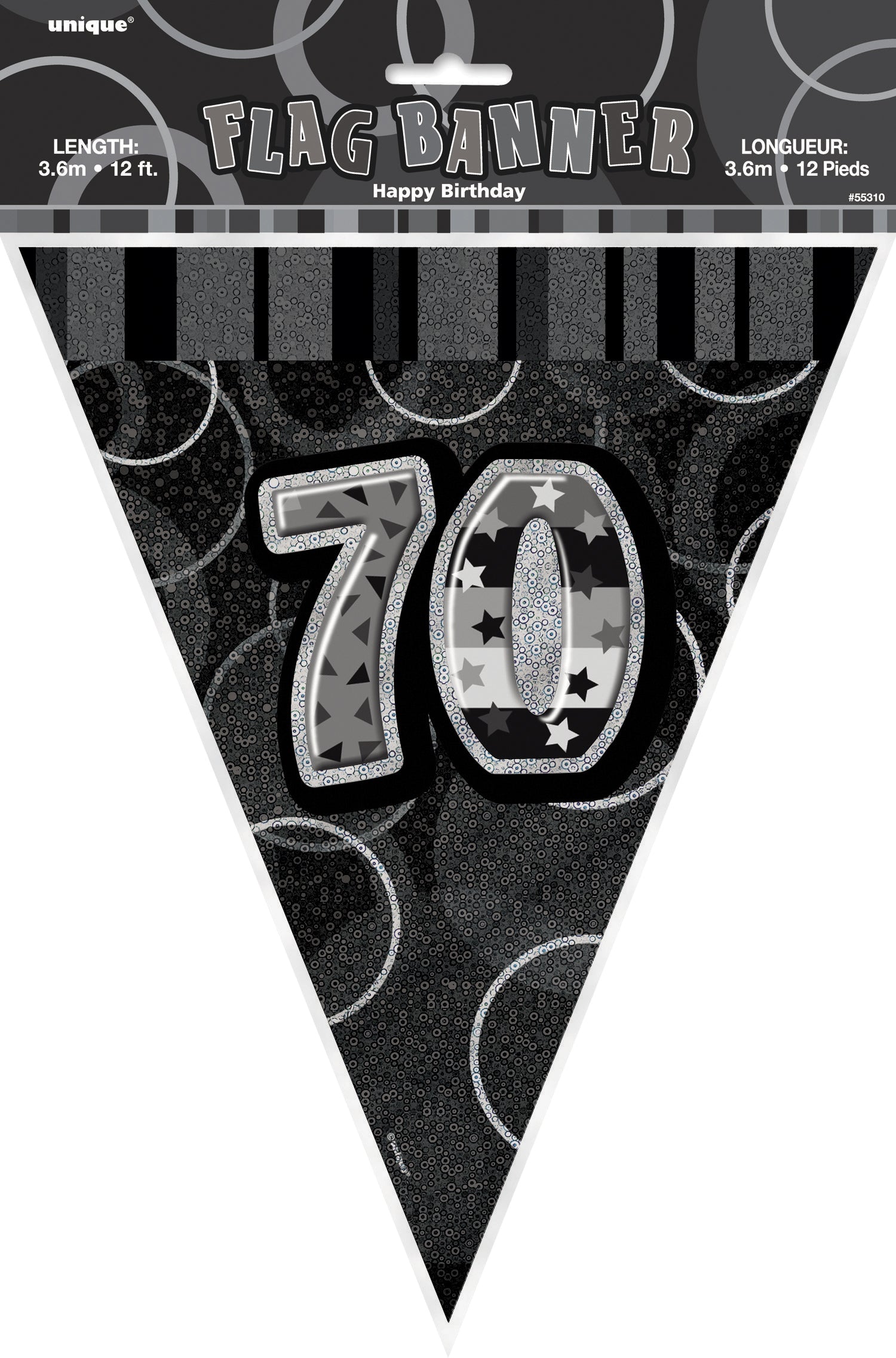 Glitz Black & Silver Numeral 70 Flag Banner - 3.65m