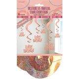Load image into Gallery viewer, 6 Pack Glitz Rose Gold Prismatic Happy Birthday Hanging Swrils - 66cm - The Base Warehouse
