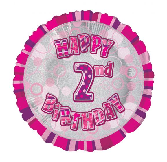 Glitz Pink Happy 2nd Birthday Round Foil Balloon - 45cm