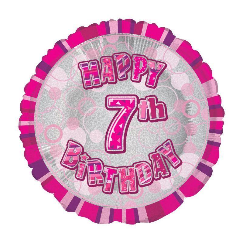 Glitz Pink Happy 7th Birthday Round Foil Balloon - 45cm - The Base Warehouse