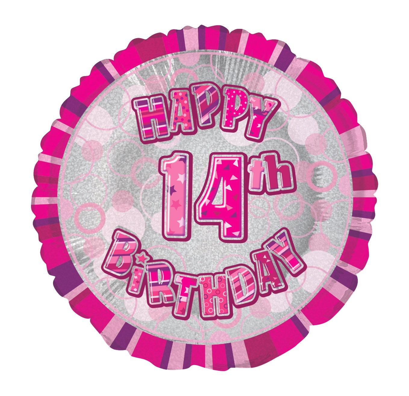 Glitz Pink Happy 14th Birthday Round Foil Balloon - 45cm - The Base Warehouse