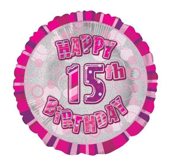 Glitz Pink Happy 15th Birthday Round Foil Balloon - 45cm - The Base Warehouse