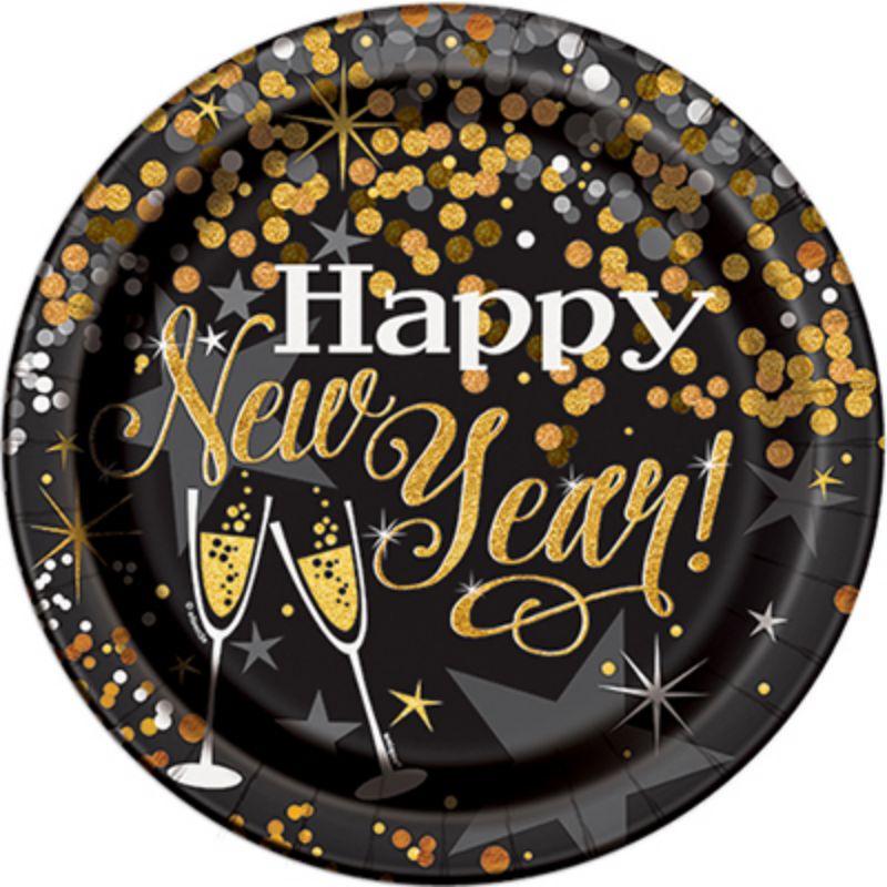 8 Pack Glittering New Year Paper Plates - 23cm