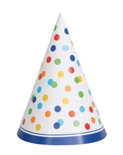 8 Pack Rainbow Dots Party Hats - The Base Warehouse