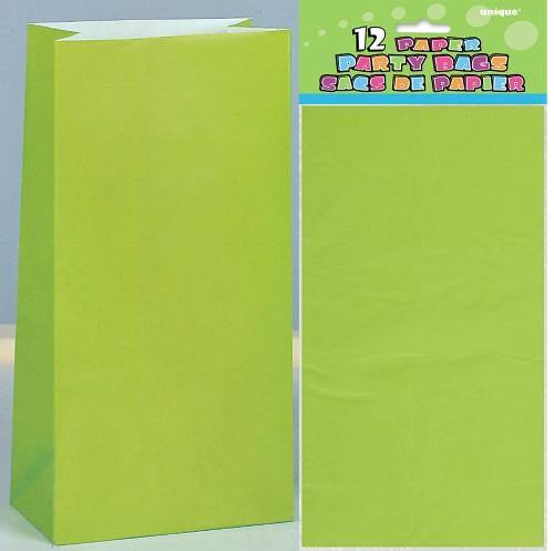 12 Pack Lime Green Paper Bags - 26cm H x 14cm W - The Base Warehouse