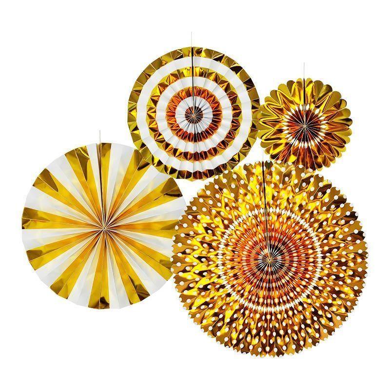 4 Pack Gold Paper Fan Set - 20cm to 44cm - The Base Warehouse