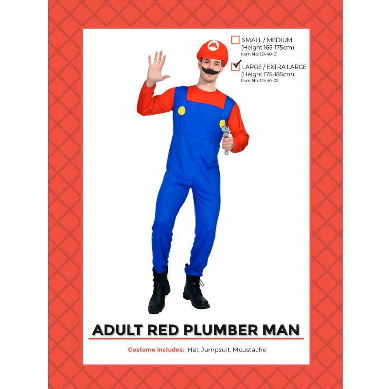 Adults Red Plumber Mario Costume - L/XL