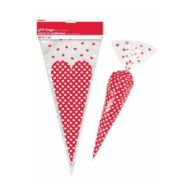 20 Pack Heart Print Cone Cello Bags - The Base Warehouse