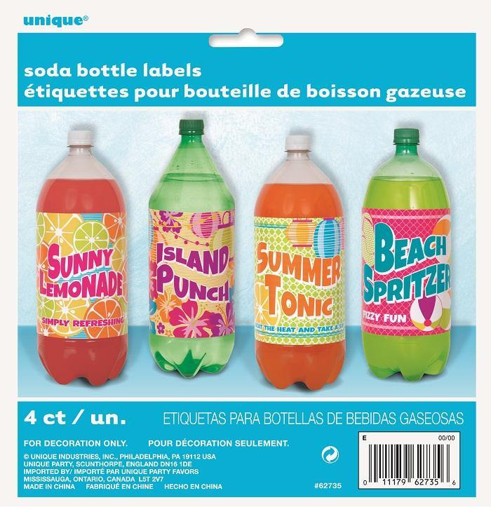 4 Pack Luau Summer Fun Soft Drink Bottle Labels - The Base Warehouse