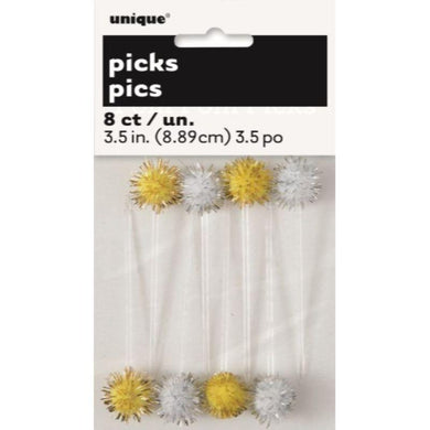 8 Pack Silver and Gold Pom Pom Picks - 8.9cm - The Base Warehouse