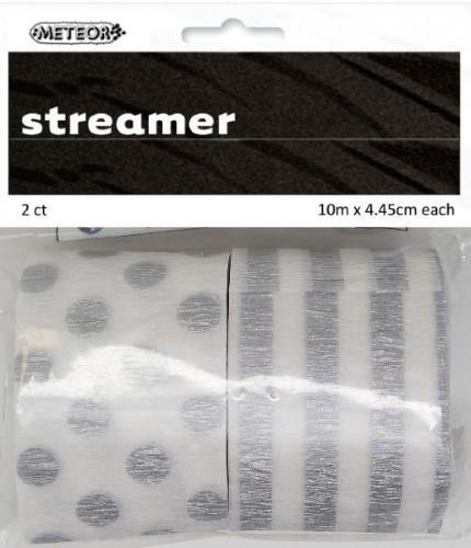 2 Pack Silver Stripes & Dots Crepe Streamers - 10m x 4.45cm