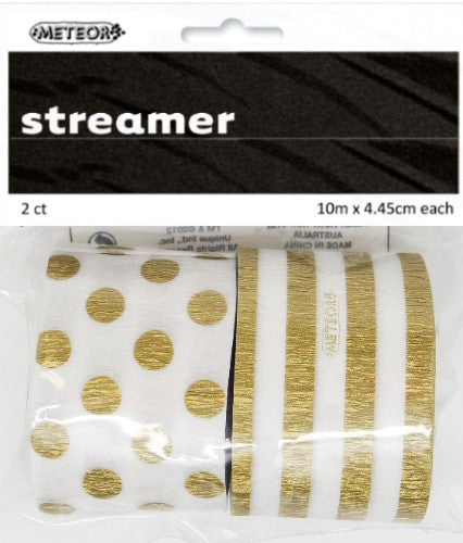 2 Pack Gold Metallic Stripes & Dots Crepe Streamers - 10m x 4.45cm
