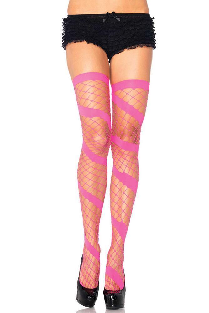 Womens Neon Pink Swirl Diamond Net Thigh Highs - The Base Warehouse