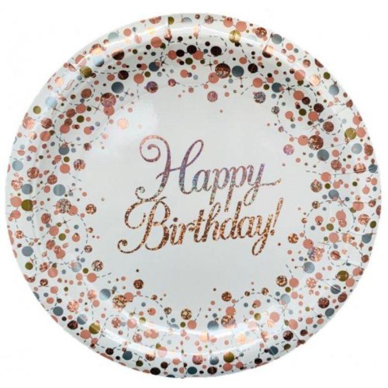 8 Pack Sparkling Fizz HBD Rose Gold Paper Plates - 23cm - The Base Warehouse