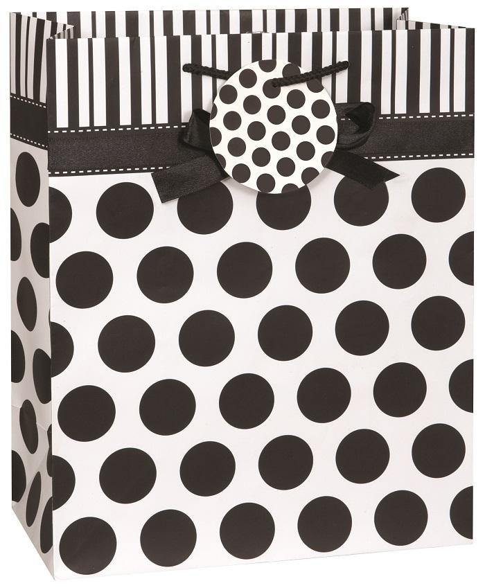 Black & White Dots Gift Bag with Bow - 32.5cm H x 26cm W