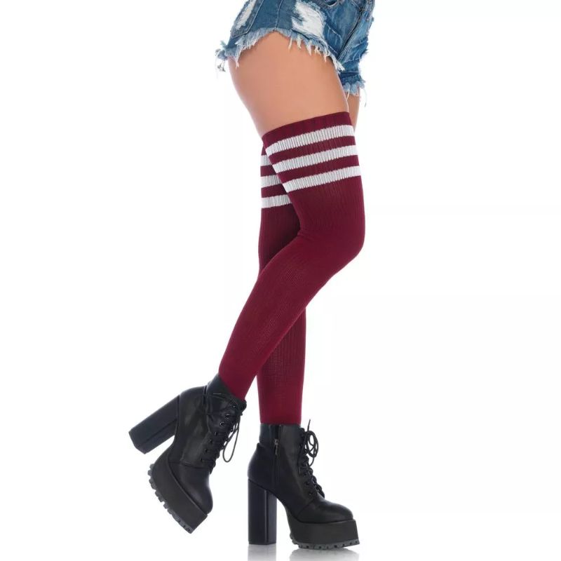 Burgundy Athlete Style Thigh High Socks with Stripe Top