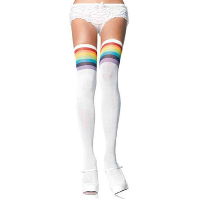 Womens White Opaque Thigh Highs with Rainbow Stripes - The Base Warehouse