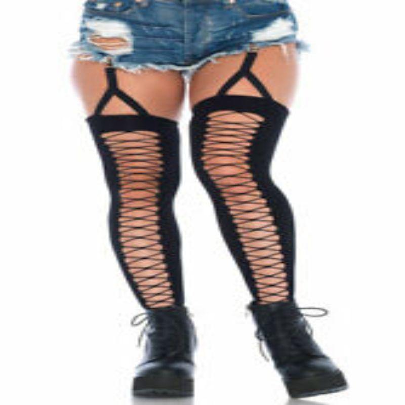Womens Black Lace Up Illusion Opaque Thigh Highs - The Base Warehouse