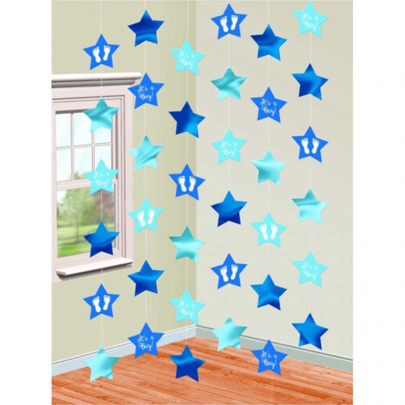 6 Pack Blue Baby Boy Hanging Star String Decorations - 2.1m - The Base Warehouse