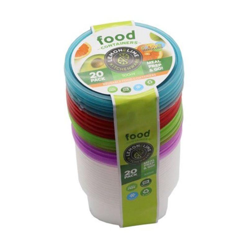 20 Pack Reusable Food Containers with Coloured Lids - 500ml - The Base Warehouse