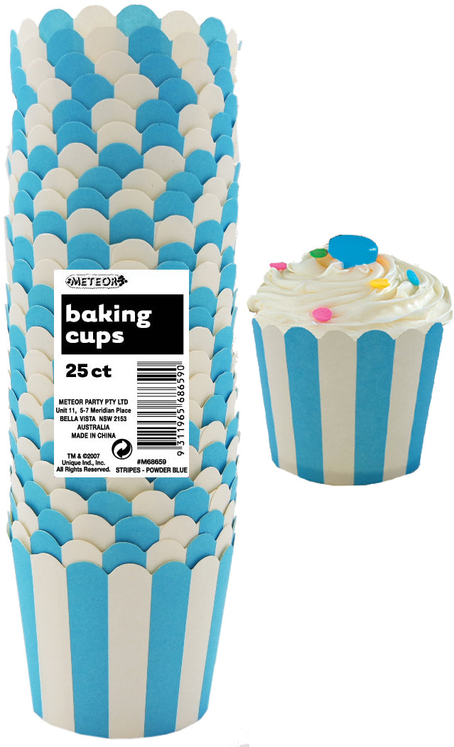 25 Pack Powder Blue Stripes Paper Baking Cups