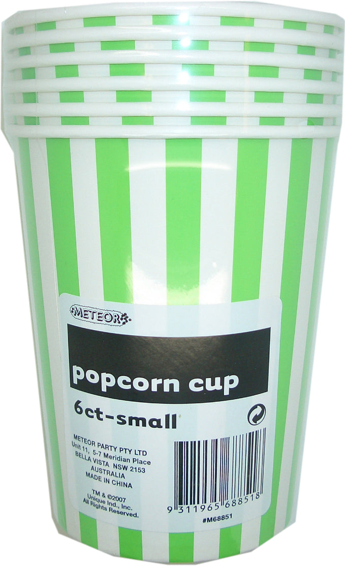 6 Pack Lime Green Stripes Paper Popcorn Party Cups 945ml - 14cm x 11.5cm