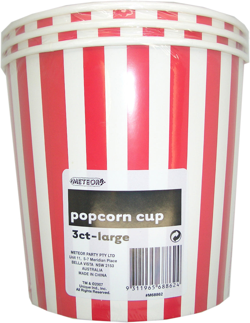 3 Pack Ruby Red Stripes Paper Popcorn Cups 2.5L - 16cm x 18cm
