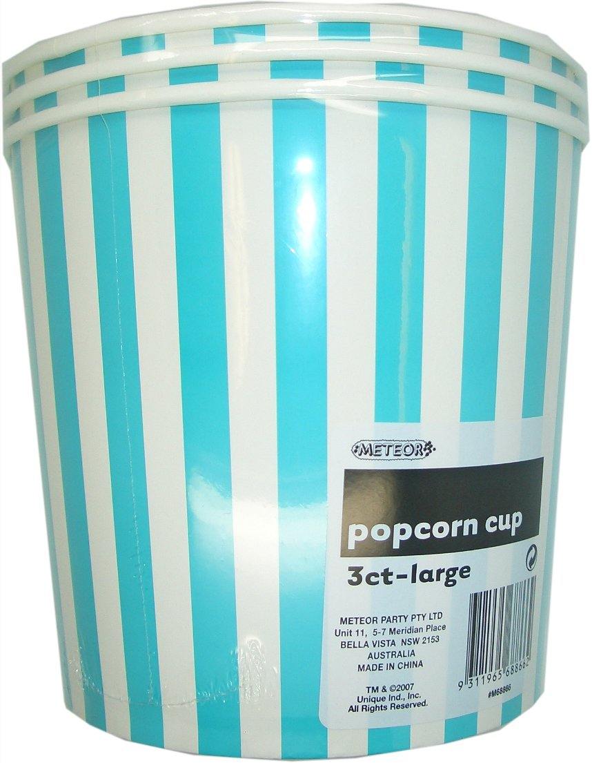 3 Pack Caribbean Teal Stripes Paper Popcorn Cups 2.5L - 16cm x 18cm