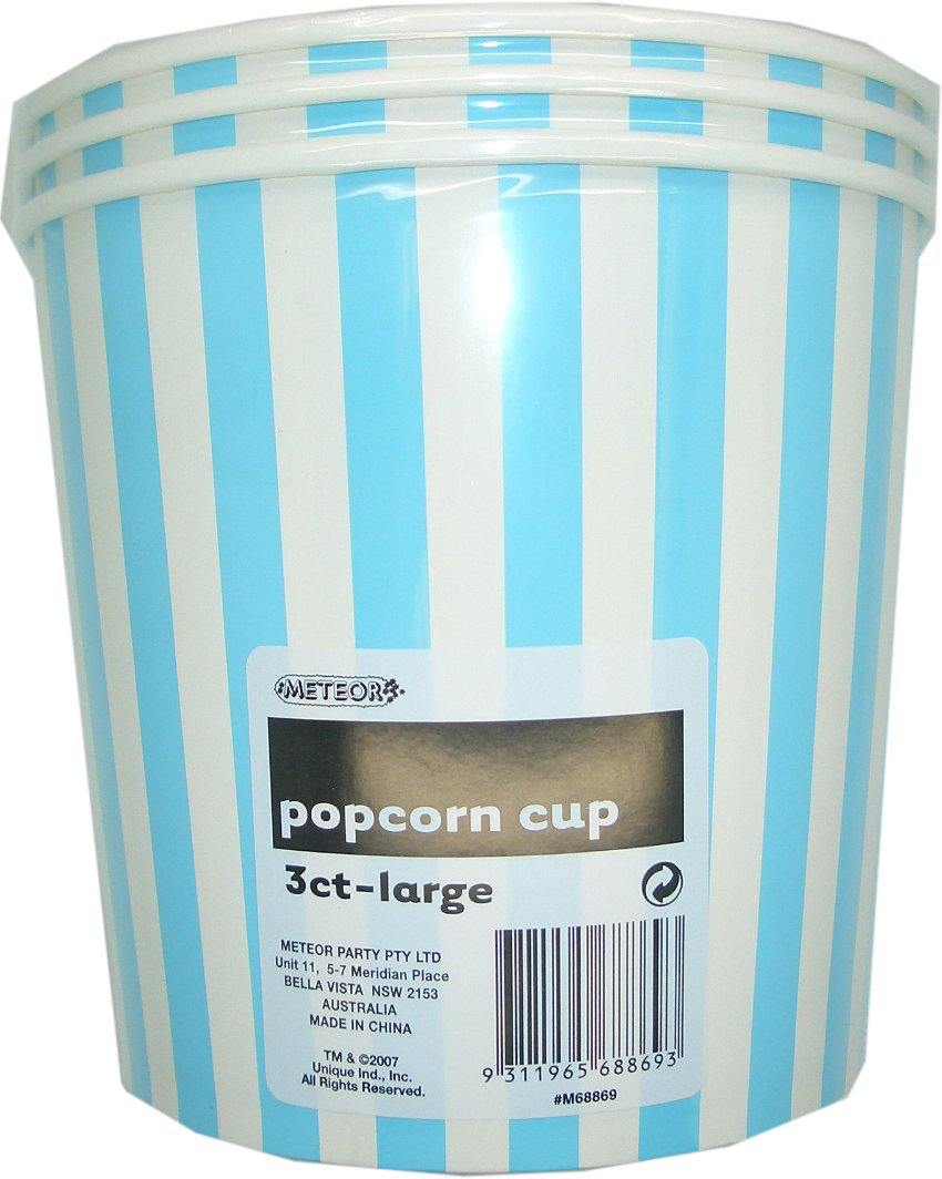 3 Pack Powder Blue Stripes Paper Popcorn Cups 2.5L - 16cm x 18cm - The Base Warehouse
