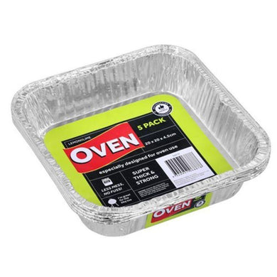 5 Pack Square Foil Tray - 20cm x 20cm x 4.5cm - The Base Warehouse