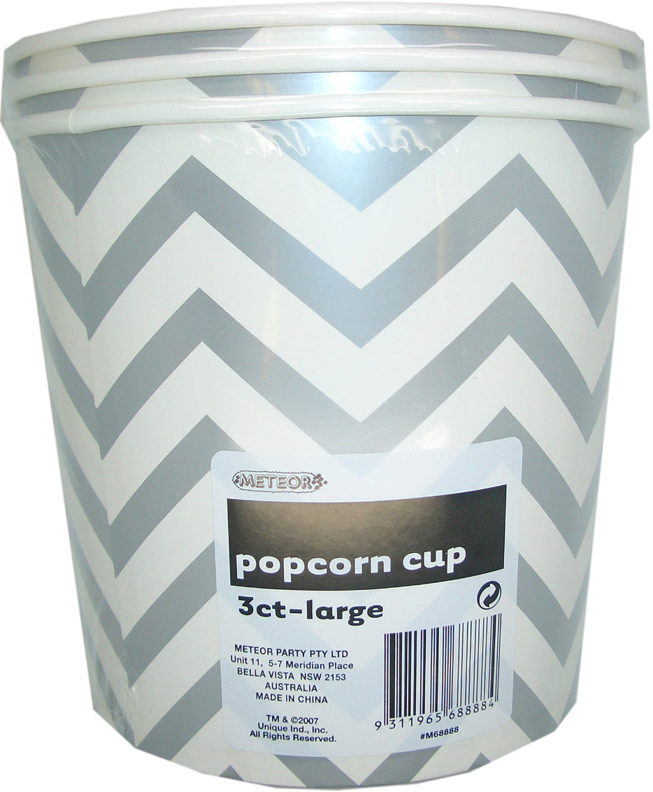3 Pack Silver Chevron Paper Popcorn Cups 2.5L - 16cm x 18cm