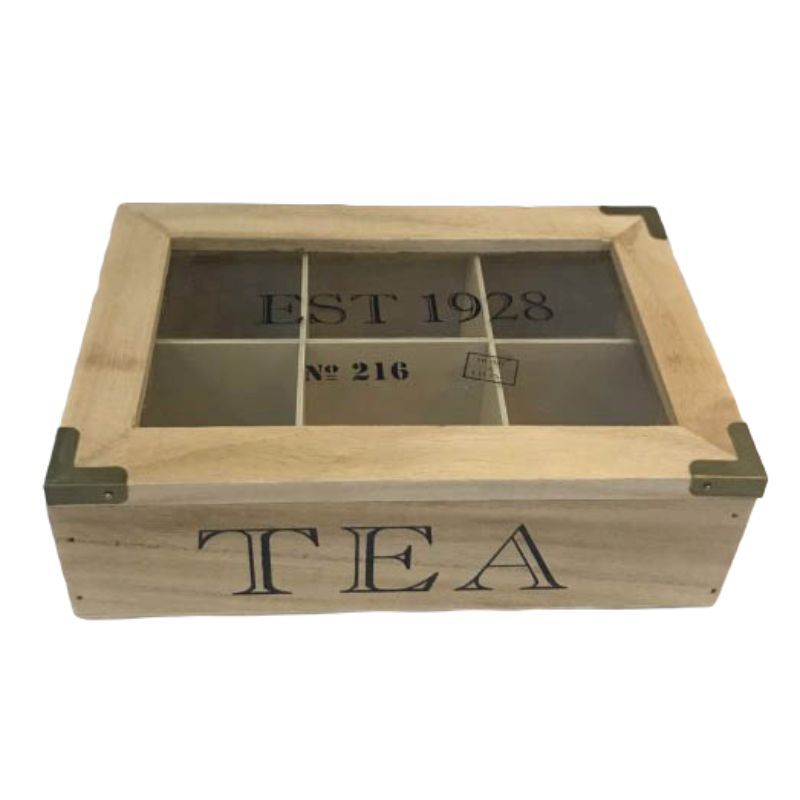 6 Section Wooden Tea Box - 22.8cm x 15.2cm x 7cm