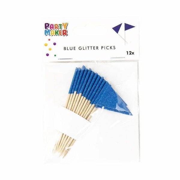 16 Pack Blue Glitter Flag Toppers - 8cm